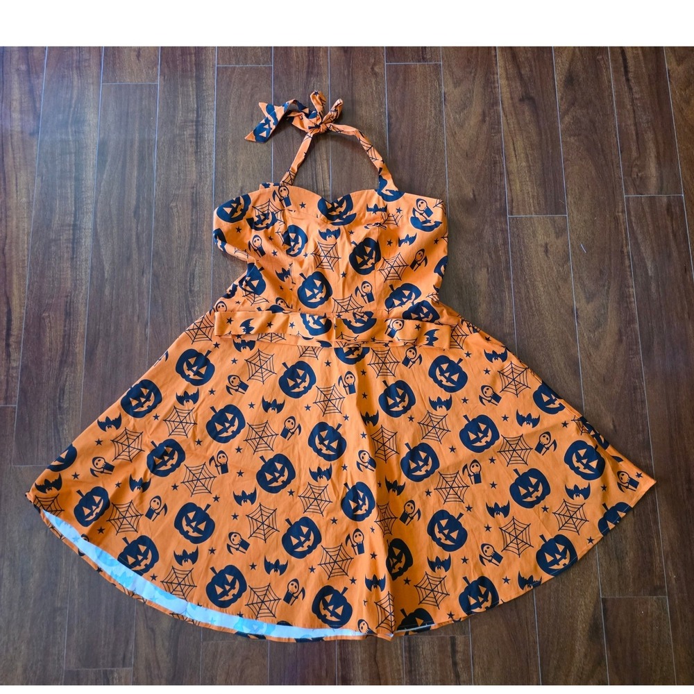 Vintage Retro style Halloween Pumpkin Halter side zip Dress Plus Size 3XL NEW